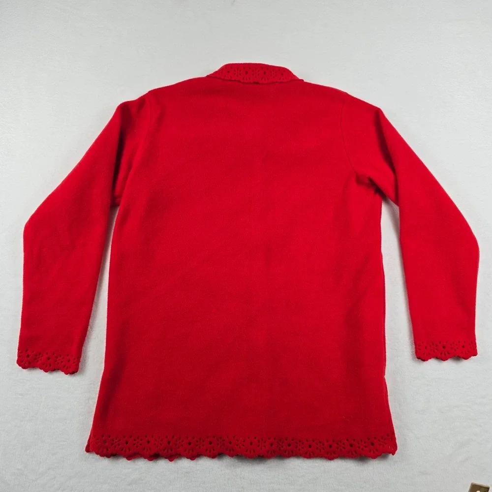 Sport Savvy Red Fleece Button Front‎ Top Eyelet Trim Scalloped Hem Women Medium